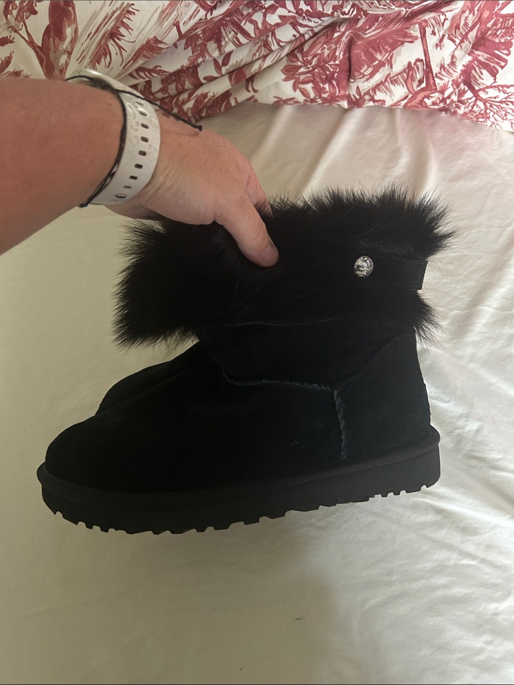 UGG Black Suede Faux-Fur Cuff Button Boot-NWOT
